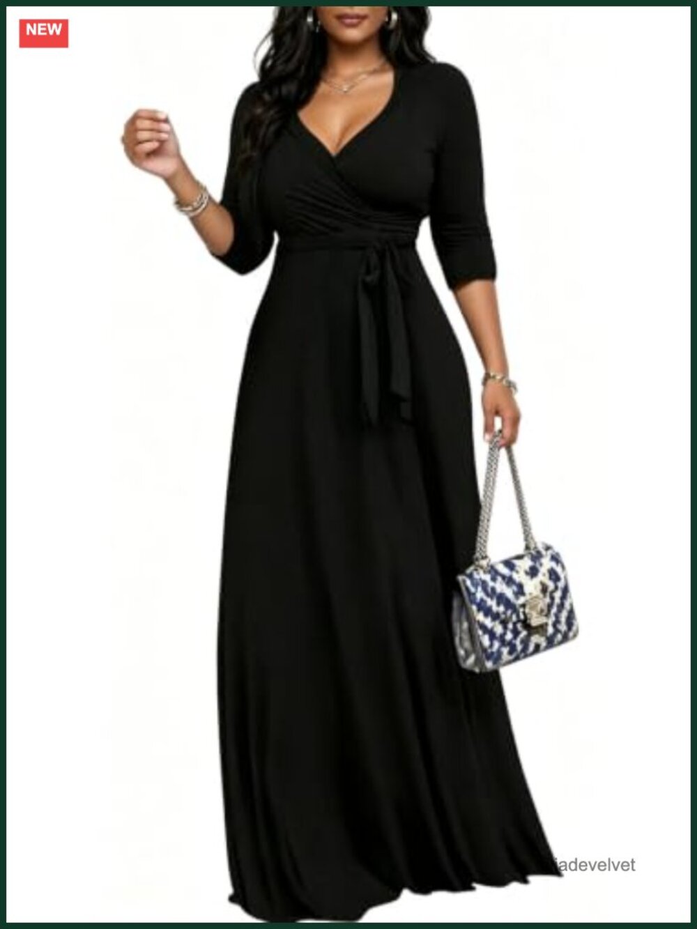 Plus Size Maxi Dress Wrap V-Neck 3/4 Sleeve with Belt Polyester Spandex